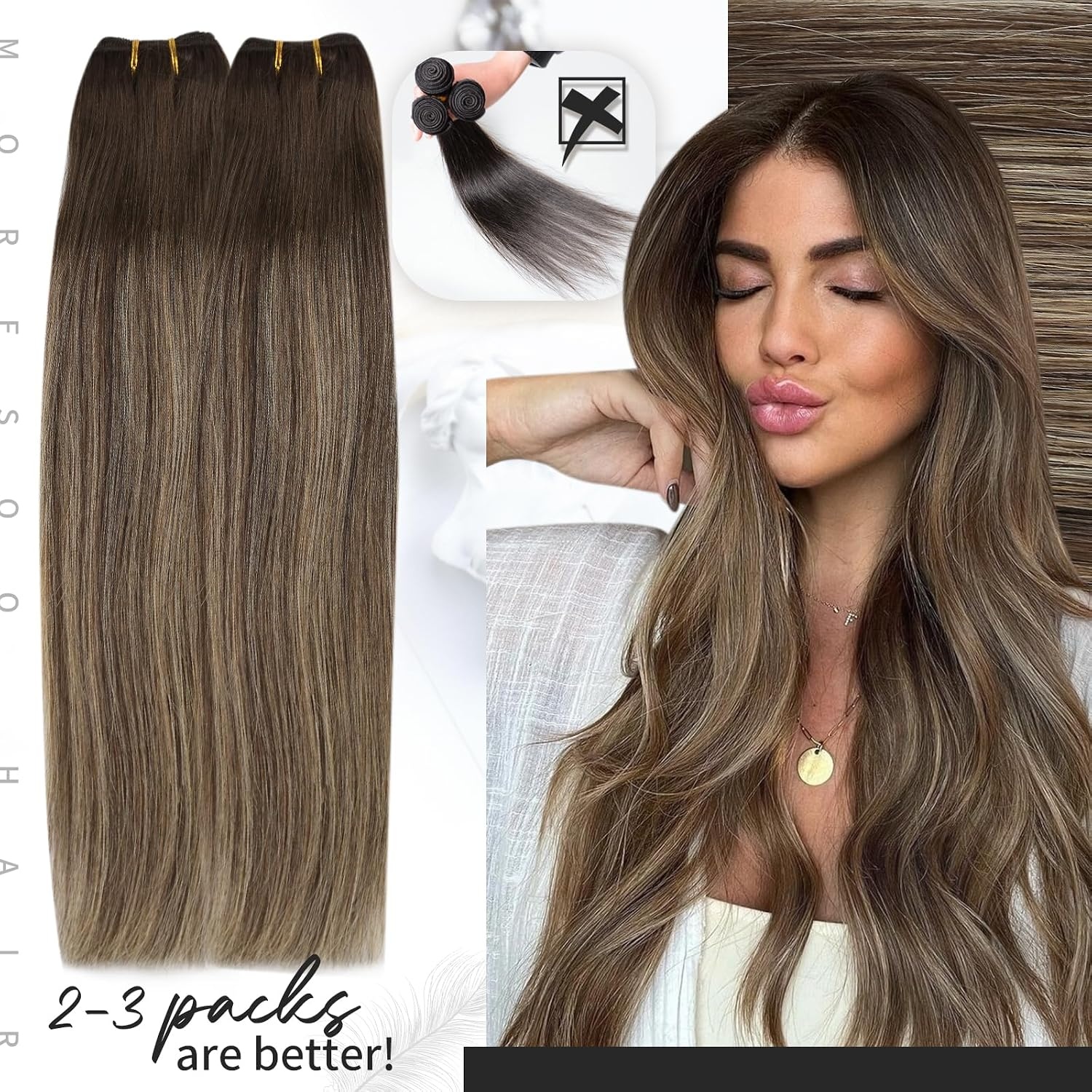 image:imageMoresoo Tape in Hair Extensions Human Hair with Sew in Hair Extensions Balayage 18inch bundle