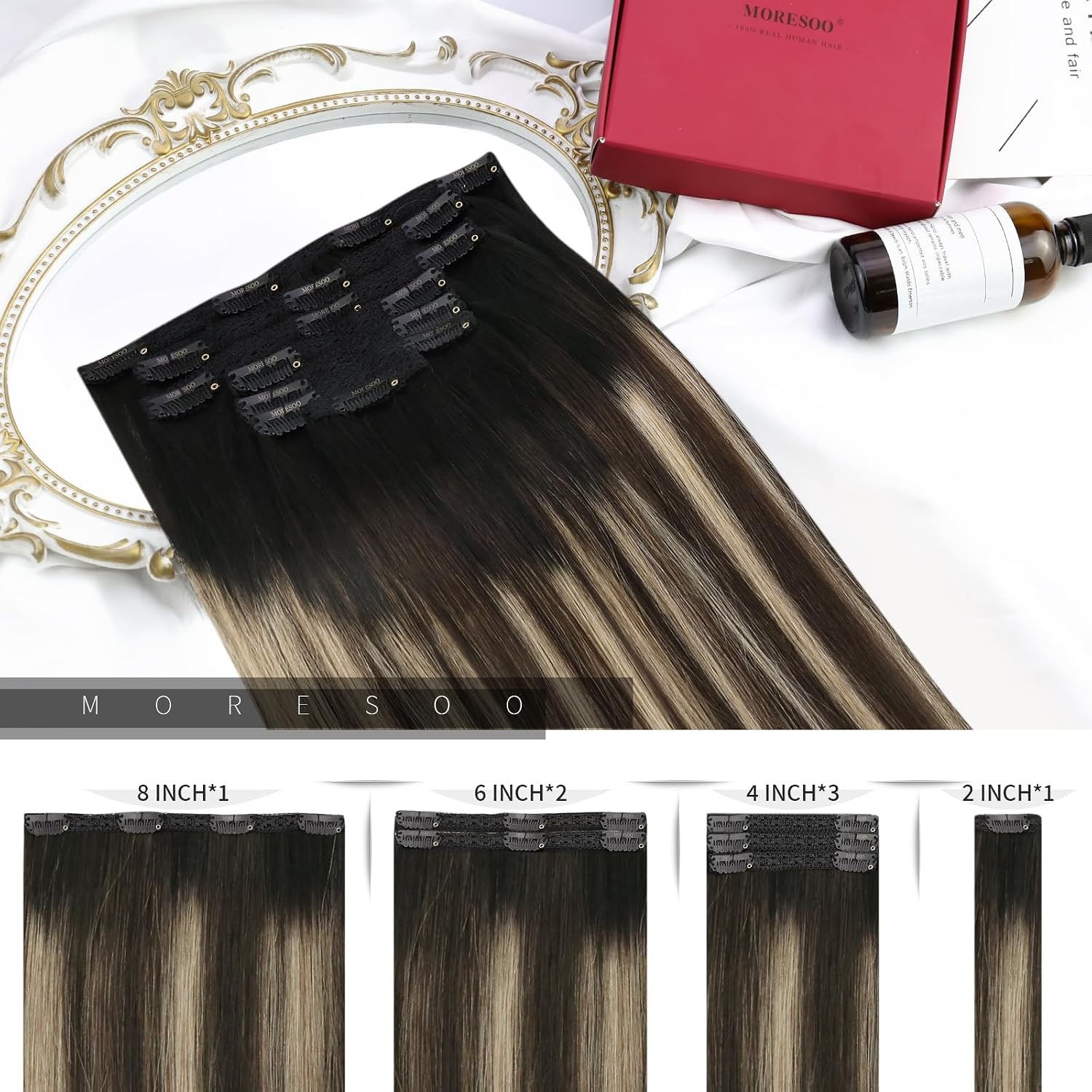 image:imageMoresoo U Tip Hair Extensions Human Hair Balayage Black to Brown with Caramel Blonde Clip in Hair Extensions Ombre Brown 16inch