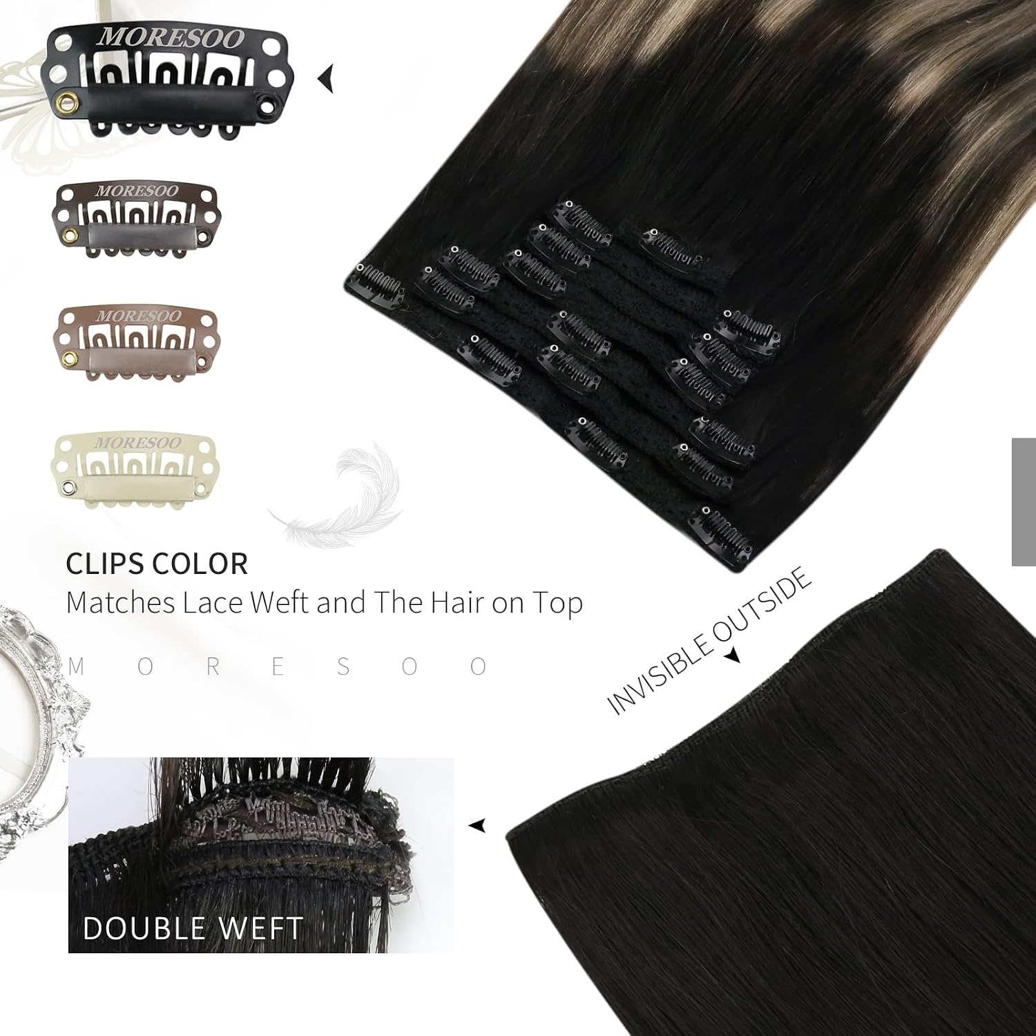 image:imageMoresoo U Tip Hair Extensions Human Hair Balayage Black to Brown with Caramel Blonde Clip in Hair Extensions Ombre Brown 16inch