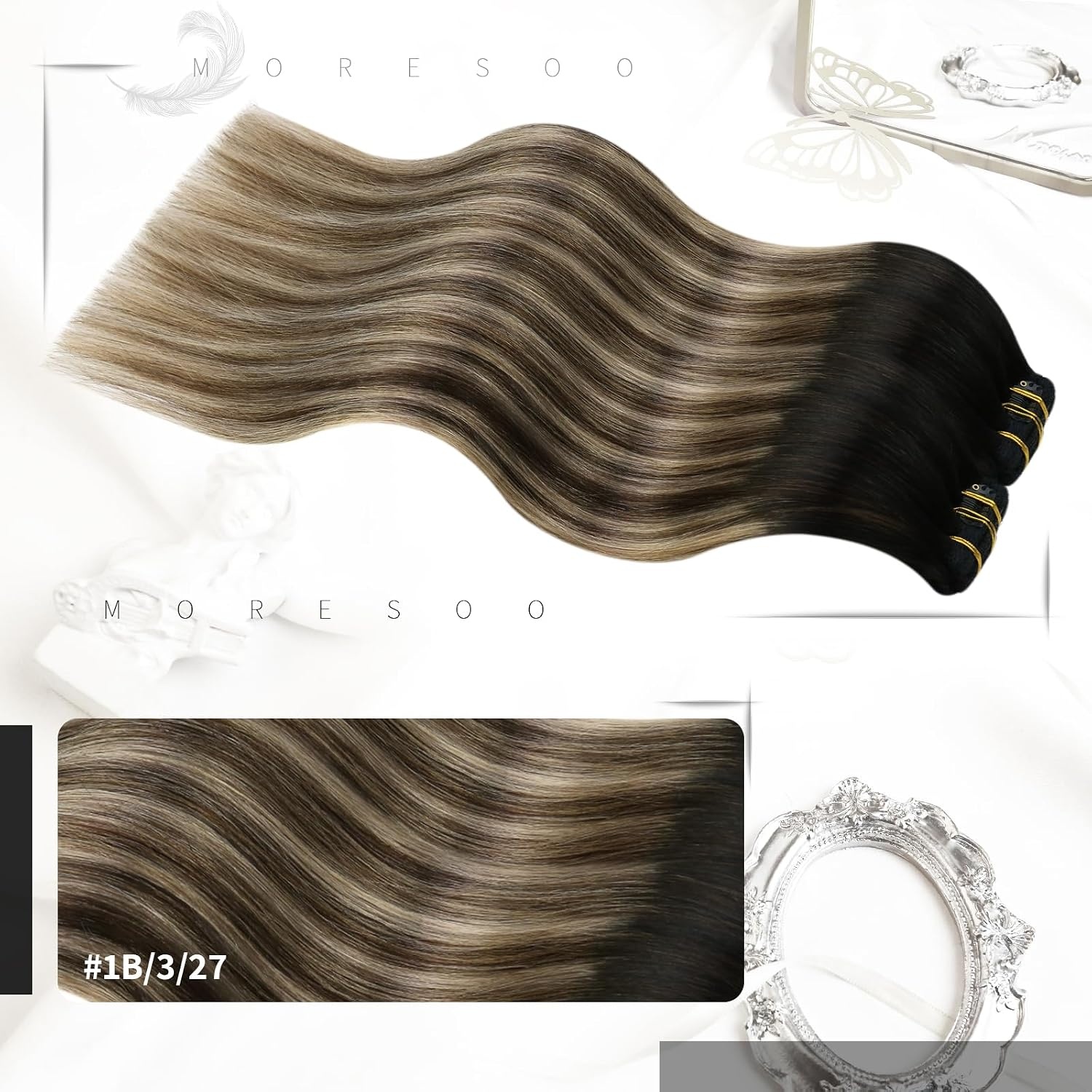 image:imageMoresoo U Tip Hair Extensions Human Hair Balayage Black to Brown with Caramel Blonde Clip in Hair Extensions Ombre Brown 16inch