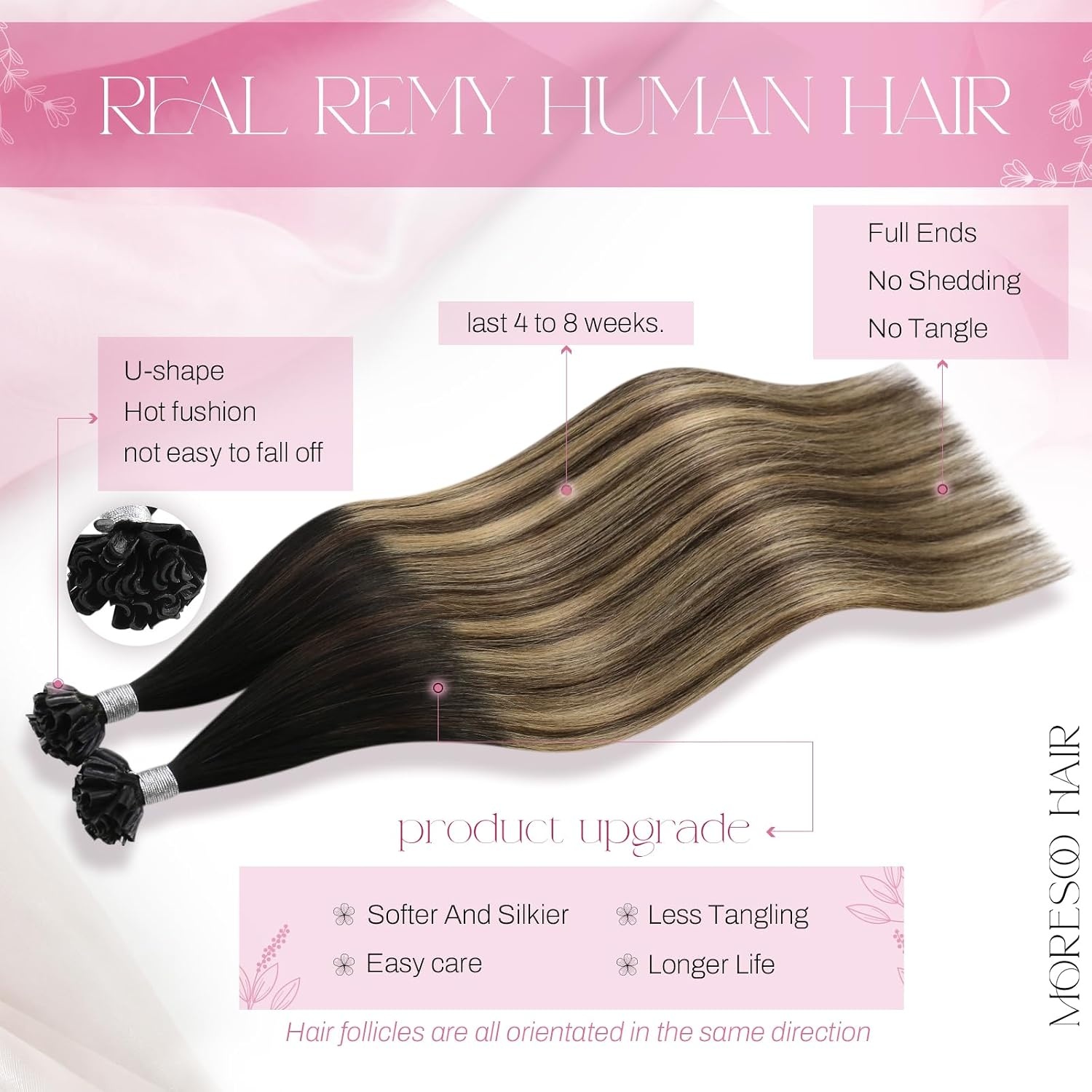 image:imageMoresoo U Tip Hair Extensions Human Hair Balayage and Weft Hair Extensions Human Hair Ombre Black to Brown with Caramel Blonde 14Inch Bundle