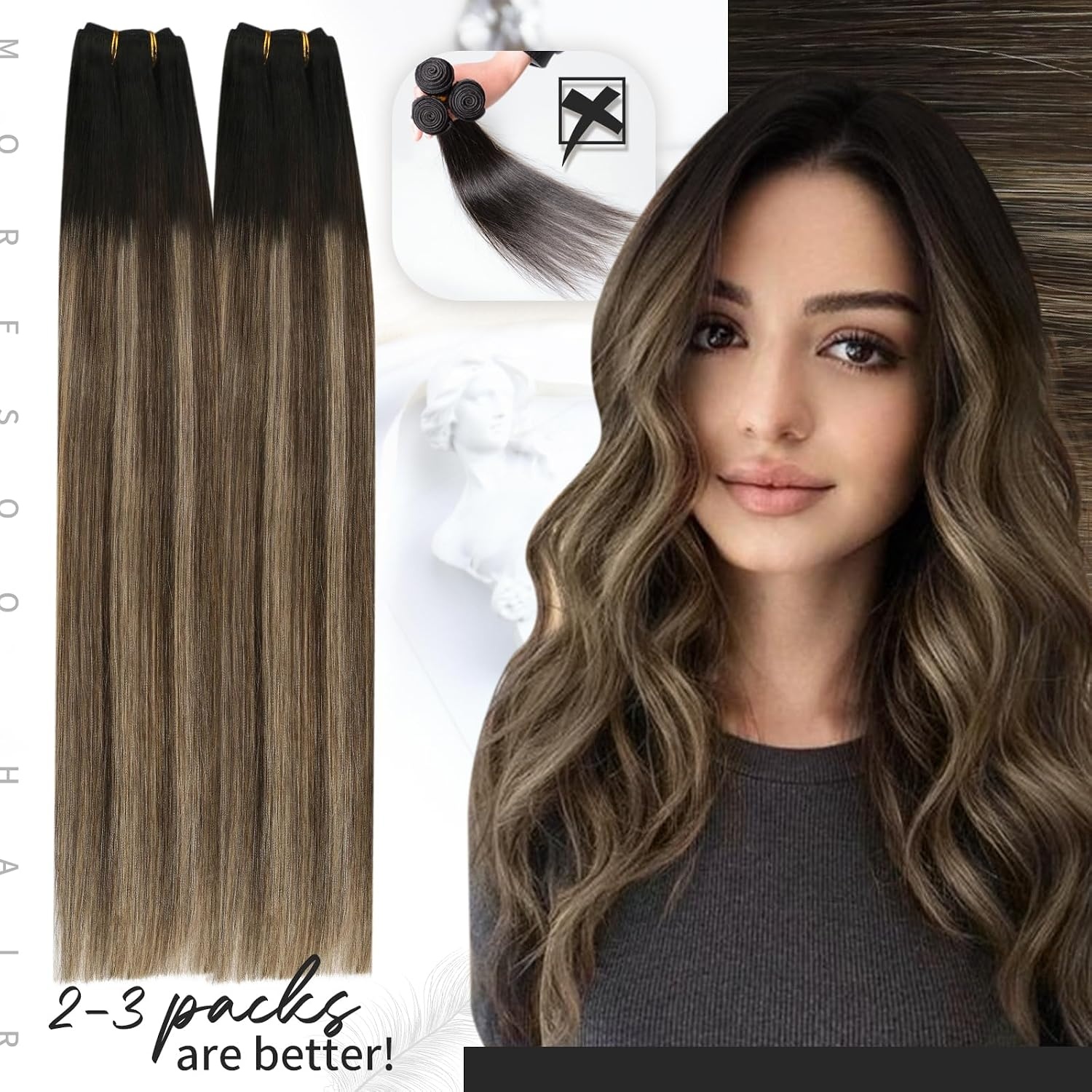 image:imageMoresoo U Tip Hair Extensions Human Hair Balayage and Weft Hair Extensions Human Hair Ombre Black to Brown with Caramel Blonde 14Inch Bundle