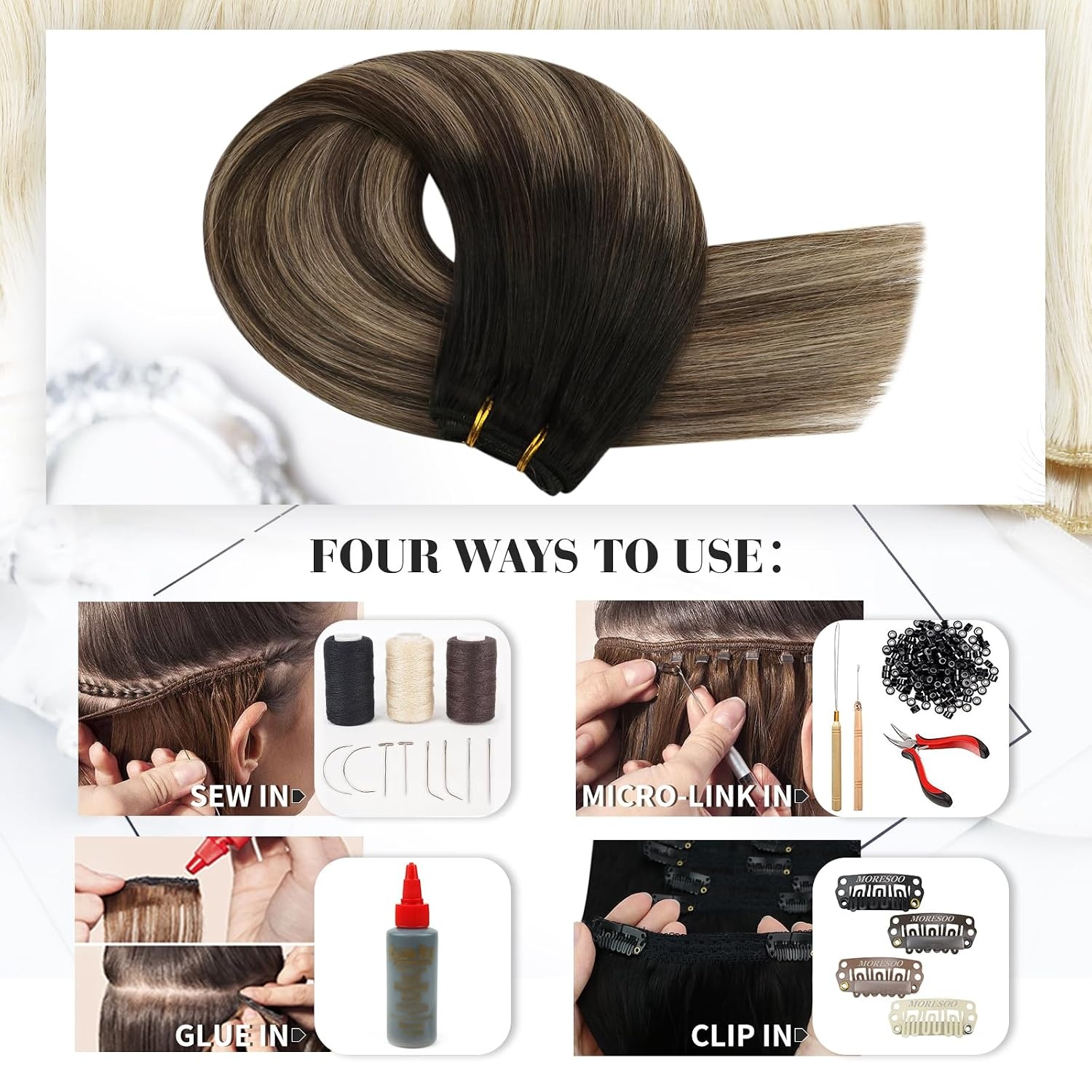 image:imageMoresoo U Tip Hair Extensions Human Hair Balayage and Weft Hair Extensions Human Hair Ombre Black to Brown with Caramel Blonde 14Inch Bundle