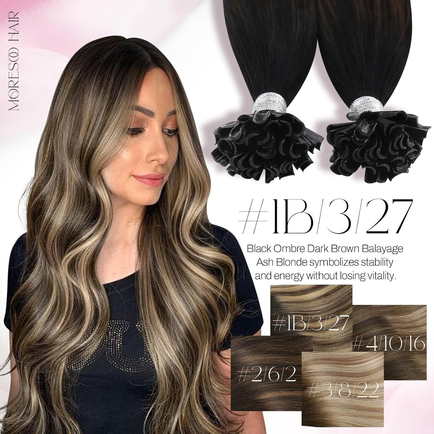image:imageMoresoo U Tip Hair Extensions Human Hair Balayage and Weft Hair Extensions Human Hair Ombre Black to Brown with Caramel Blonde 16Inch Bundle
