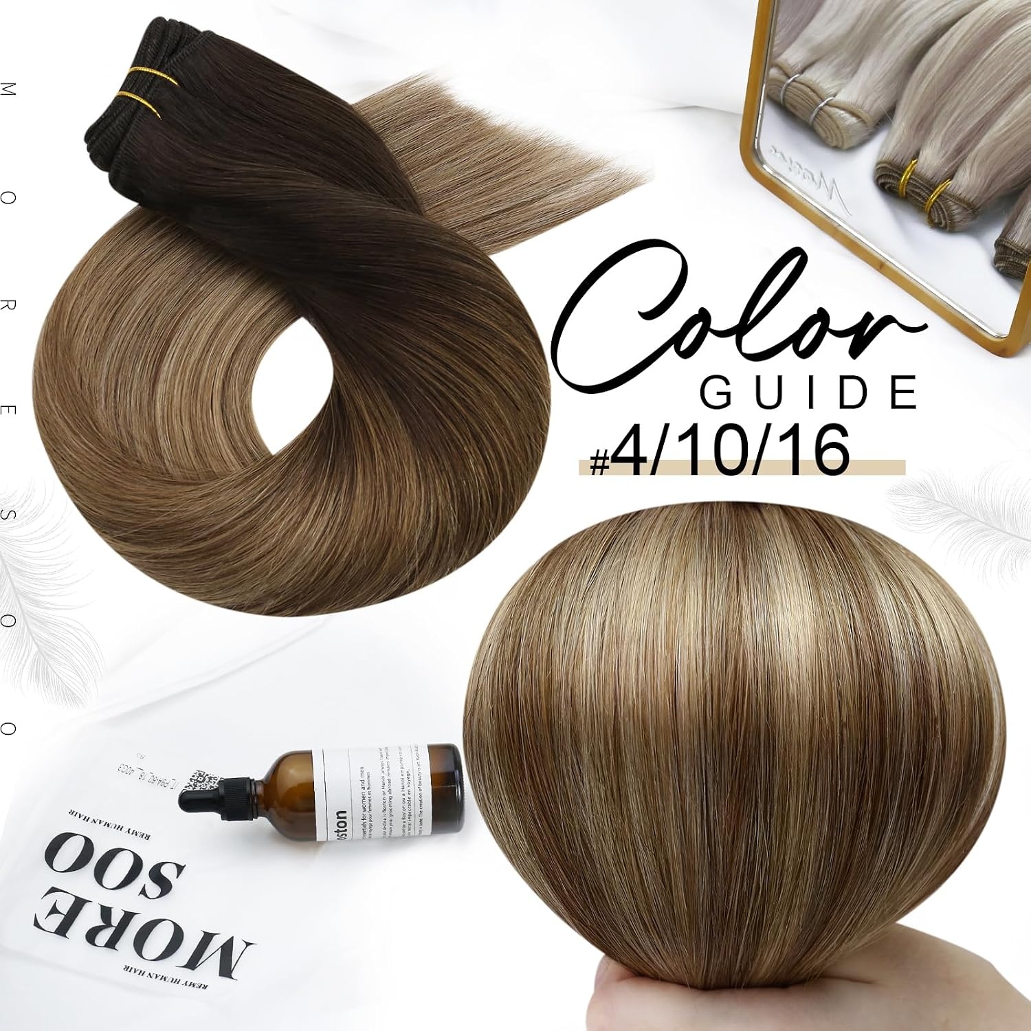 image:imageMoresoo Weft Hair Extensions Human Hair Brown Balayage Sew in Hair Extensions Ombre Dark Brown to Golden Brown with Dark Golden Blonde Bundle 14Inch and 16Inch