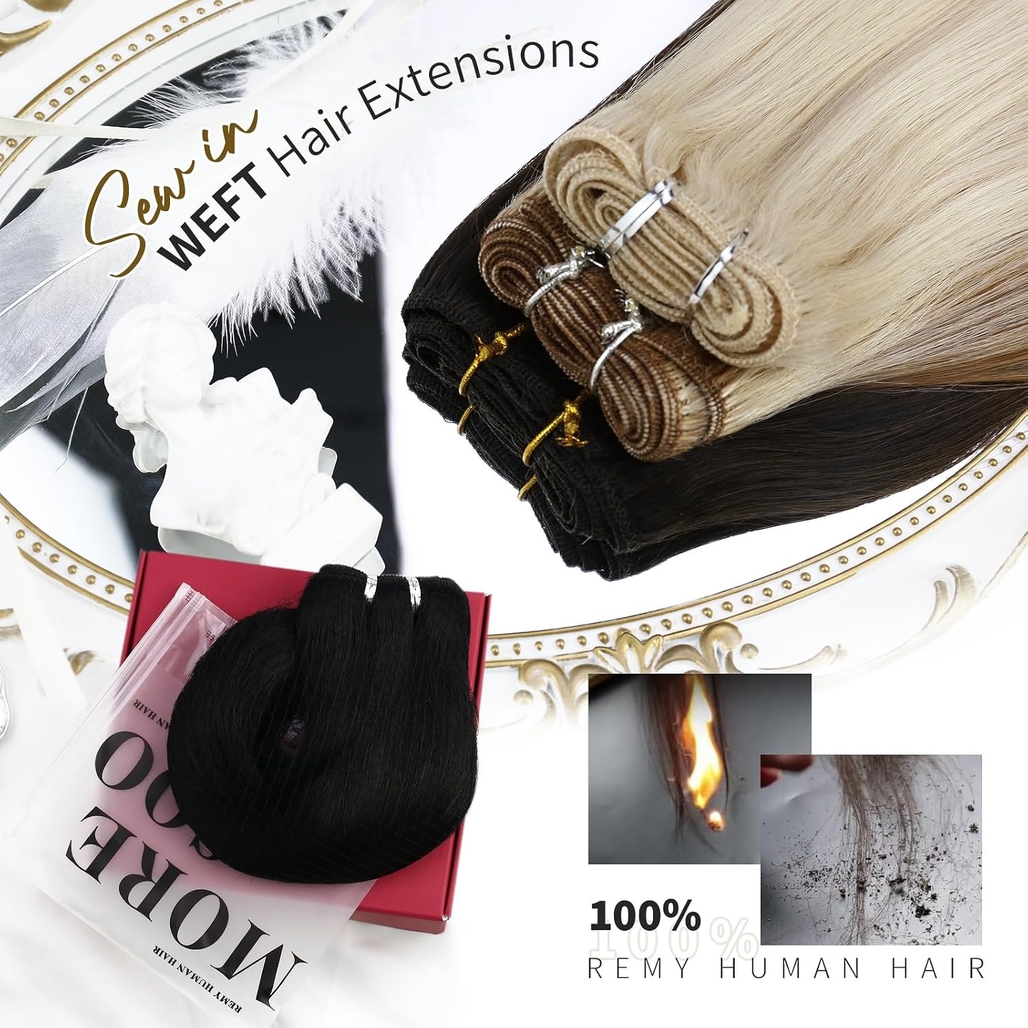 image:imageMoresoo Weft Hair Extensions Human Hair Brown Balayage Sew in Hair Extensions Ombre Dark Brown to Golden Brown with Dark Golden Blonde Bundle 14Inch and 16Inch