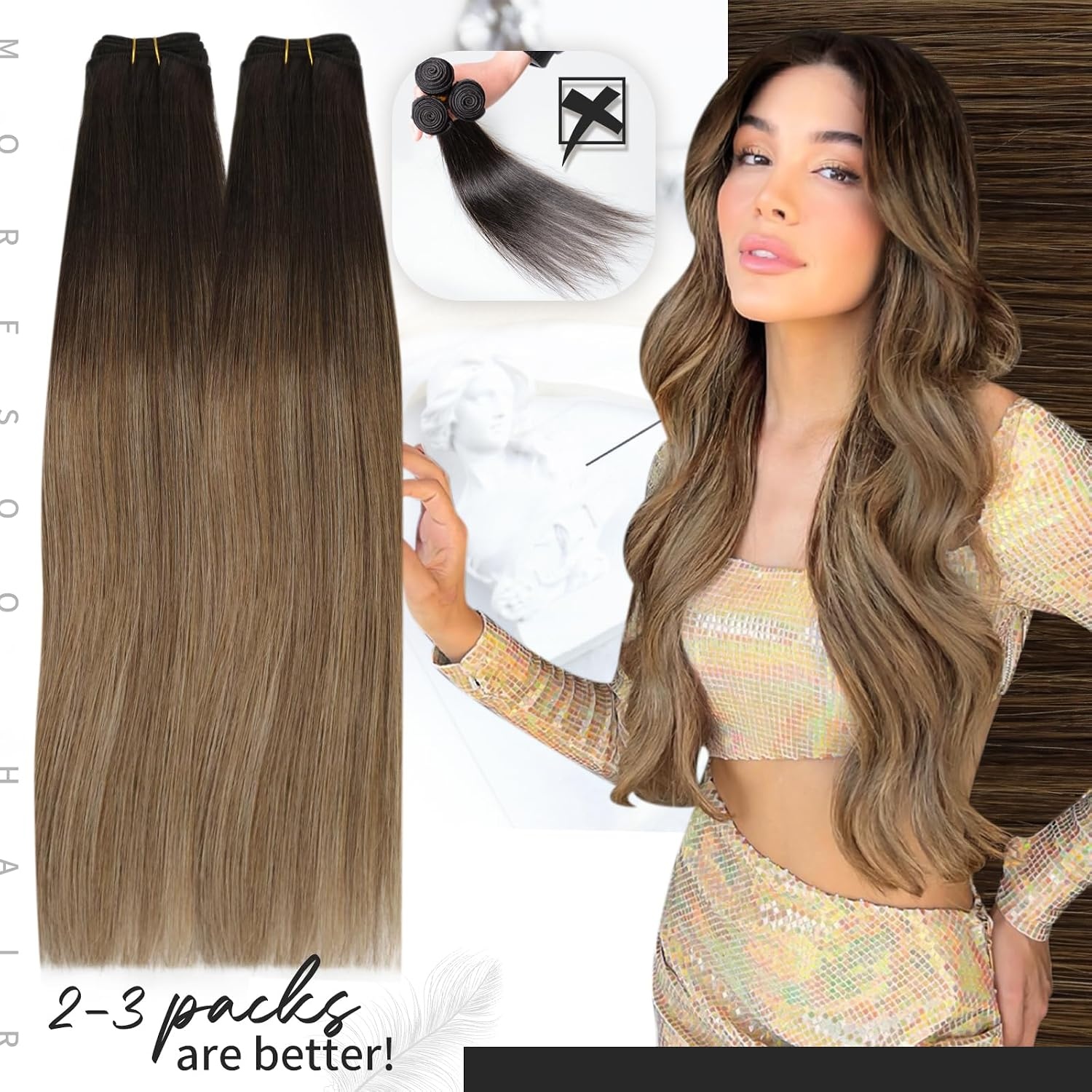 image:imageMoresoo Weft Hair Extensions Human Hair Brown Balayage Sew in Hair Extensions Ombre Dark Brown to Golden Brown with Dark Golden Blonde Bundle 14Inch and 16Inch