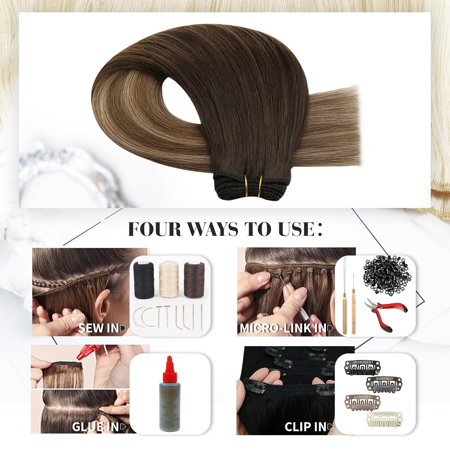 image:imageMoresoo Weft Hair Extensions Human Hair Brown Balayage Sew in Hair Extensions Ombre Dark Brown to Golden Brown with Dark Golden Blonde Bundle 14Inch and 16Inch