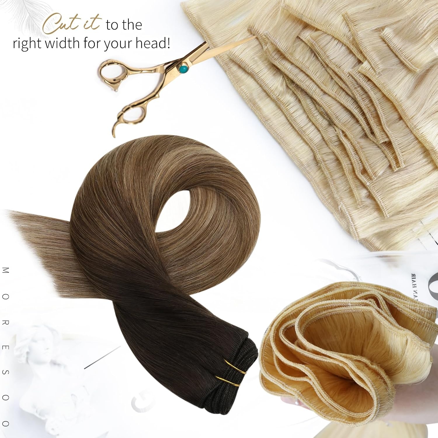 image:imageMoresoo Weft Hair Extensions Human Hair Brown Balayage Sew in Hair Extensions Ombre Dark Brown to Golden Brown with Dark Golden Blonde Bundle 14Inch and 16Inch