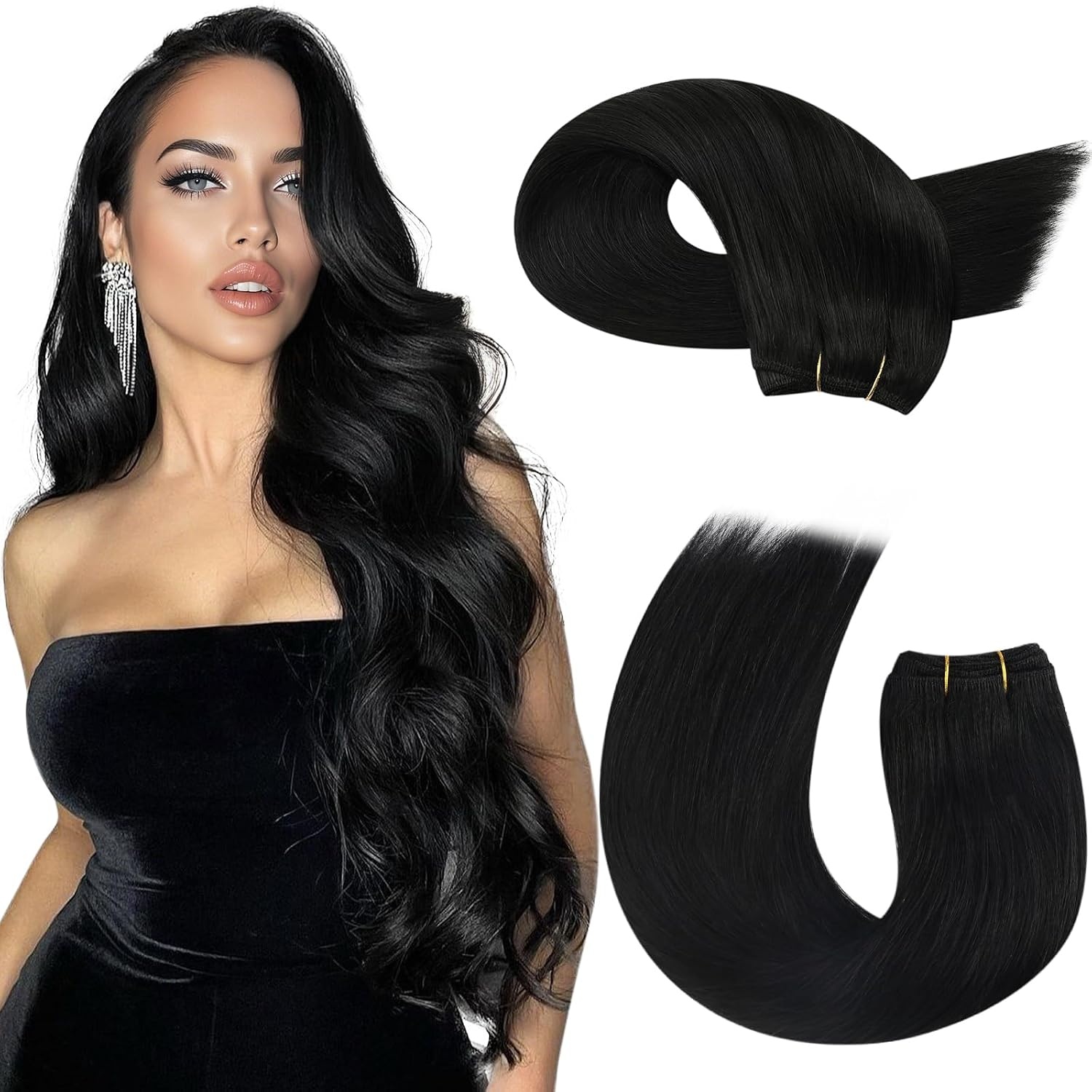 image:imageMoresoo Weft Hair Extensions Human Hair Jet Black 24inch with Hair Extensions Hanger bundle