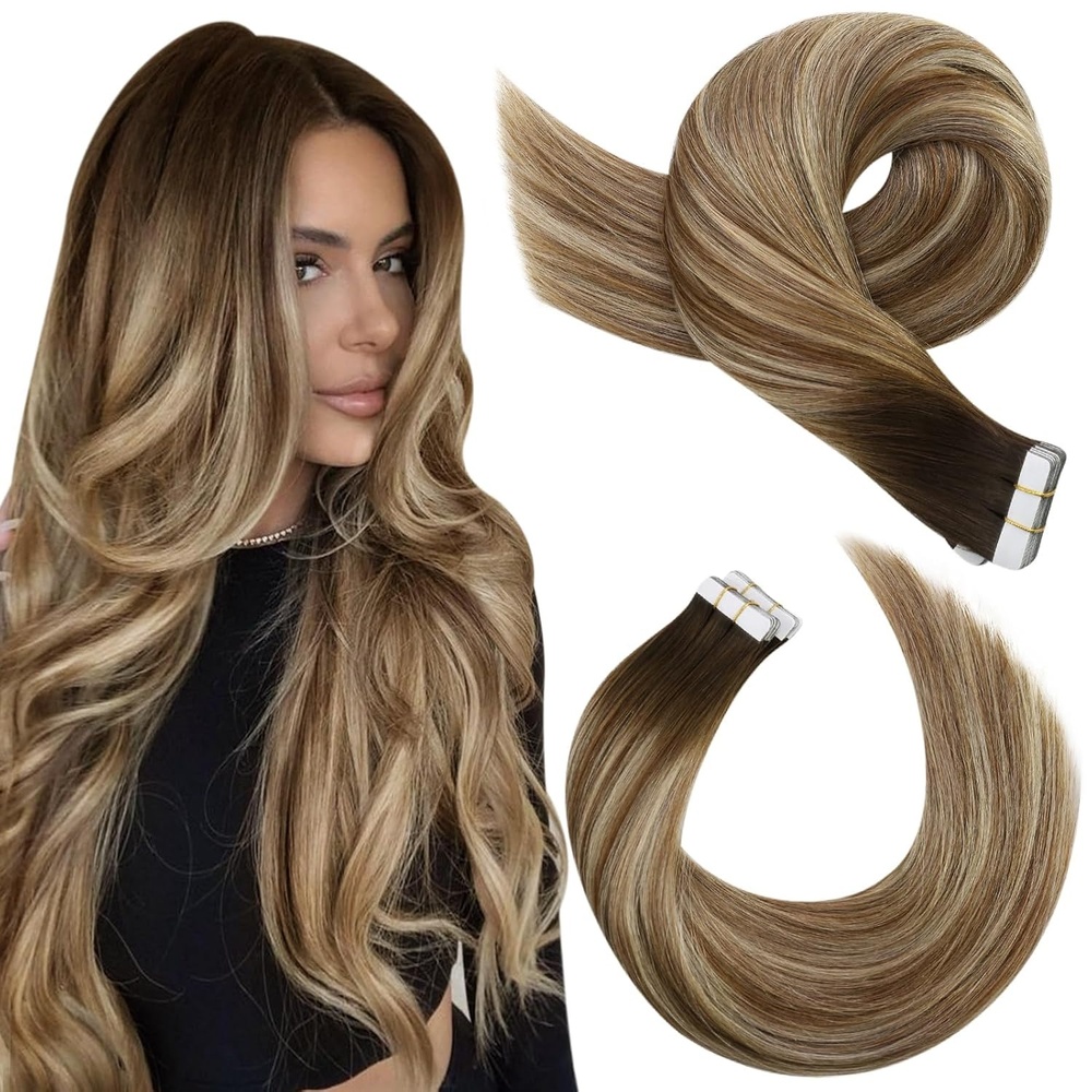 image:image2 Packs 22 Inch Total 40Pieces Tape in Hair Extensions46613 Dark Brown to Chestnut Brown with Platinum Blonde Hair Extensions41016 Dark Brown to Golden Brown with Golden Blonde Hair Extensions