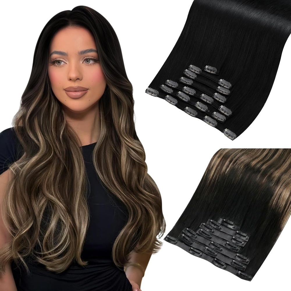 image:imageMoresoo 16in Human Hair Clip in Extensions Jet Black and Mocha Caramel