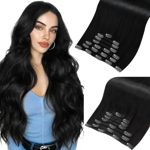 image:imageMoresoo 16in Jet Black and Off Black Clip In Hair Extensions 14 Pieces