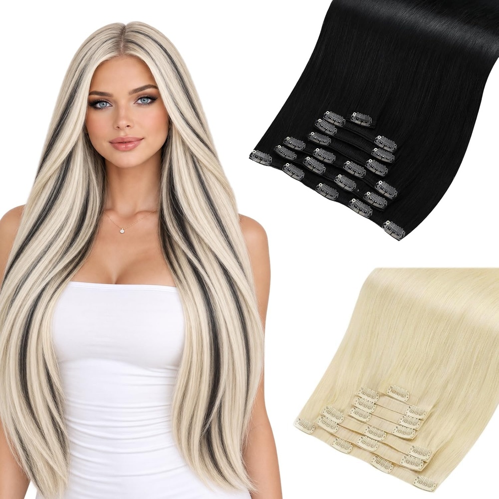 image:imageMoresoo 24in Jet Black and 22in Blonde 7Pcs Clip In Hair Bundle