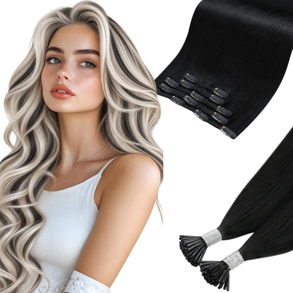image:imageMoresoo 26in Jet Black Clip Ins 160g and 24in Blonde I Tip 40g Bundle
