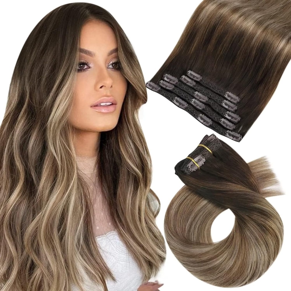 image:imageMoresoo Balayage Clip in Hair Extensions Human Hair Real Hair Extensions Clip in Human Hair Brown Mixed Dark Ash Blonde 2packs 14inch16inch