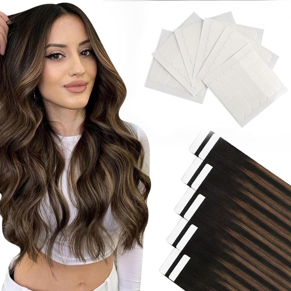 image:imageMoresoo Brown Balayage Tape in Hair Extensions 16 Inch Tabs Bundle