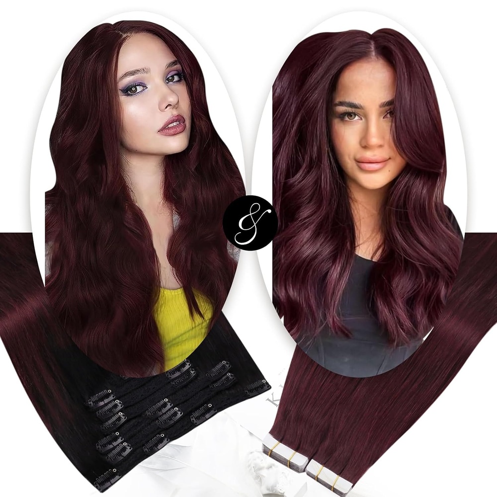 image:imageMoresoo Burgundy Tape in Hair Extensions and Clip in Hair Extensions Red Wine Human Hair Extensions 20pcs50g7pcs120g Bundle