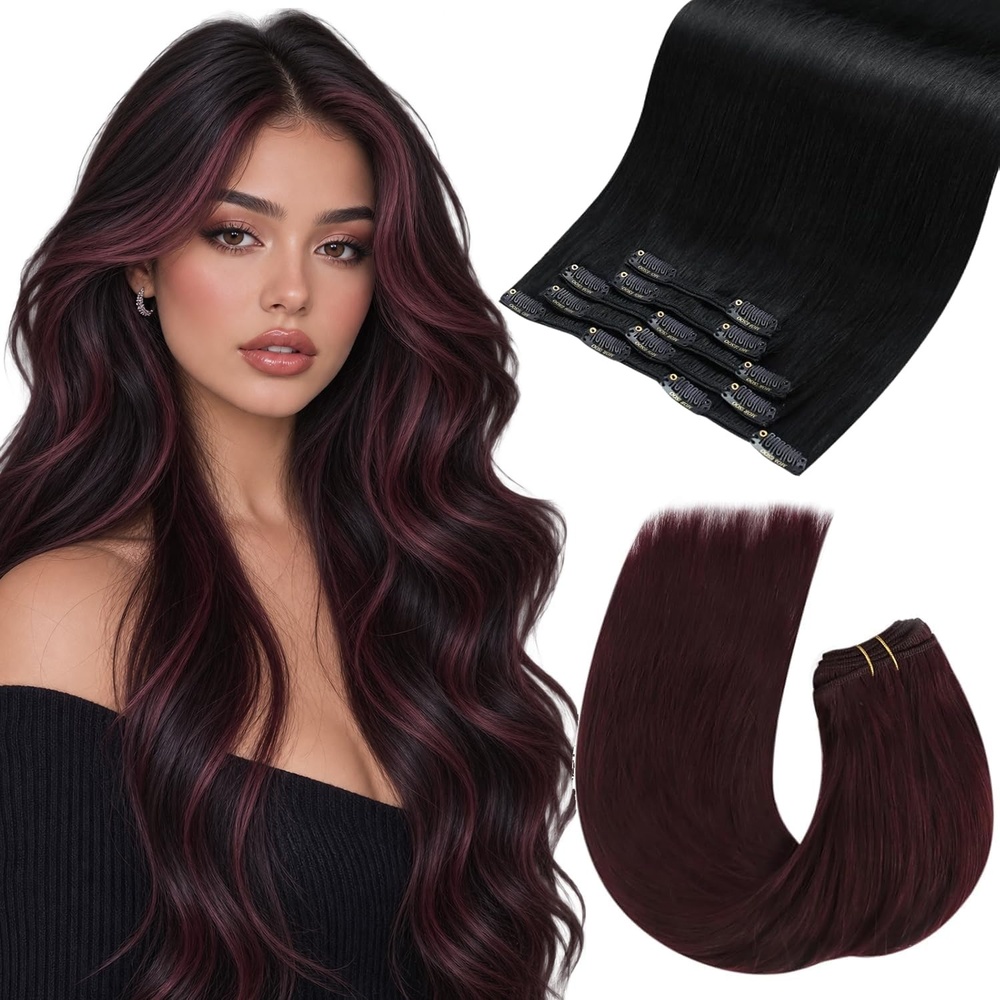 image:imageMoresoo Clip in and Sew in Human Hair Extensions Jet Black and Burgundy Red