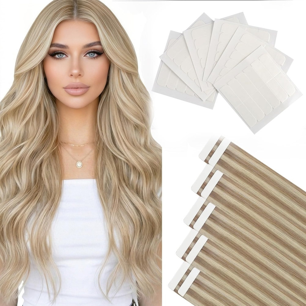 image:imageMoresoo Honey Blonde Tape in Extensions Human Hair 16 Inch Tabs Bundle