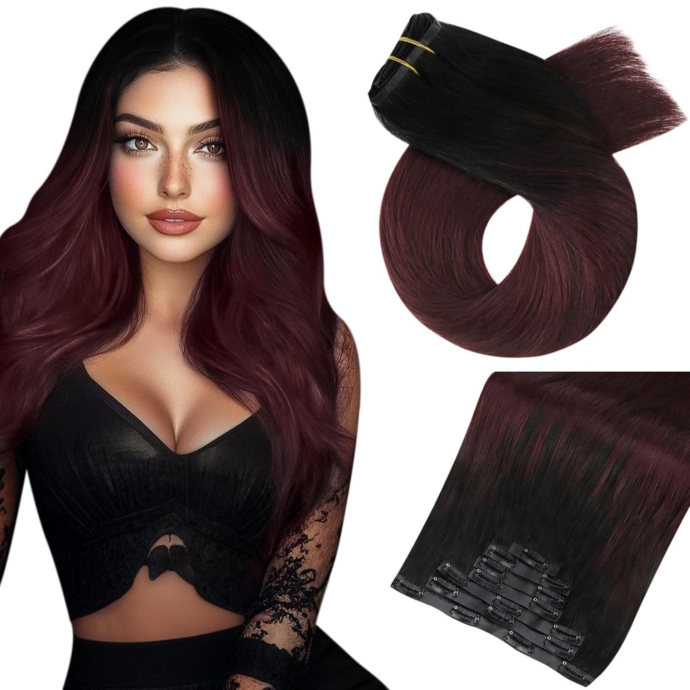 image:imageMoresoo Human Hair Clip in Extensions Remy Hair 20 Inch Burgundy Straight Clip in Real Hair Extensions Off Black to Wine Red 1B99J PULace Total 2 Packs Clip in Hair