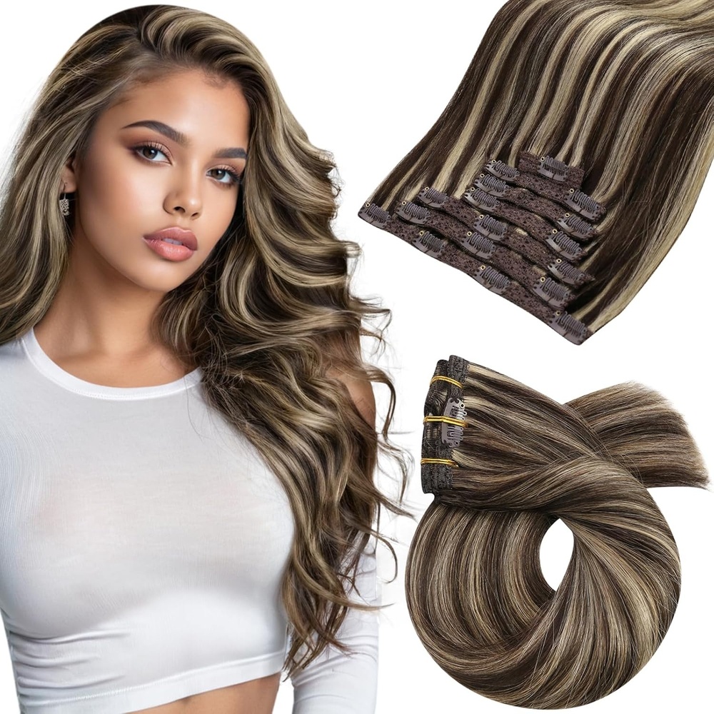 image:imageMoresoo I Tip Hair Extensions Human Hair Brown Highlight Clip in Hair Extensions Dark Brown with Caramel Blonde 20inch