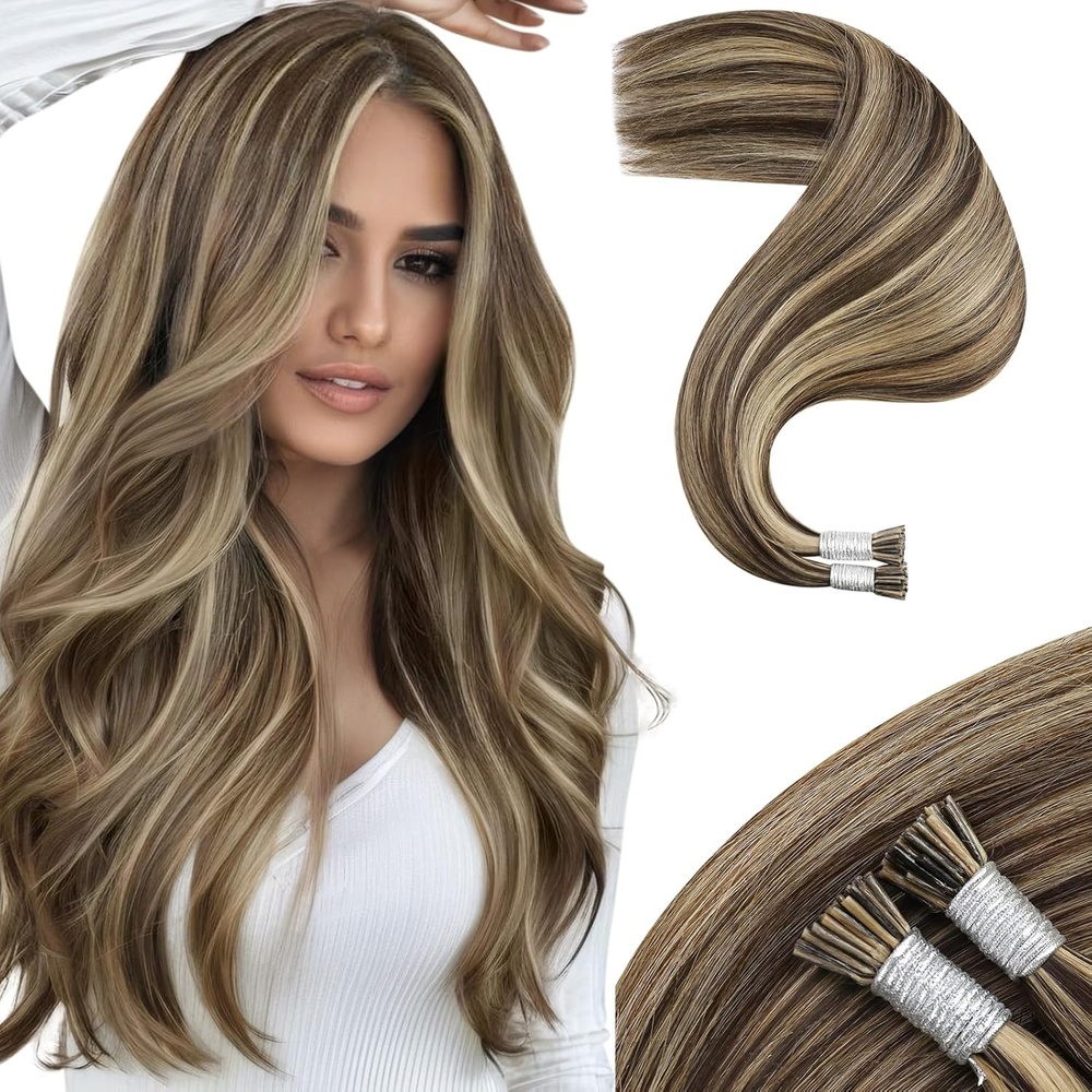 image:imageMoresoo I Tip Hair Extensions Ombre Light Brown and White Blonde 9a60 and Dark Brown Highlight Ash Blonde P427 20 Inch Bundle I Tip Hair Extensions Human Hair Itip Hair Extensions Real Human Hair