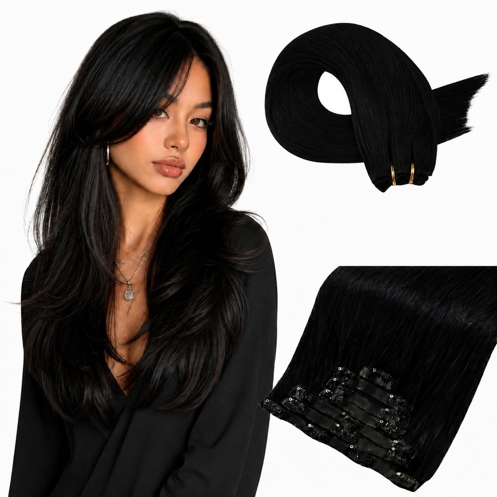 image:imageMoresoo Jet Black Clip in and Sew in Human Hair Extensions 18 Inch Bundle