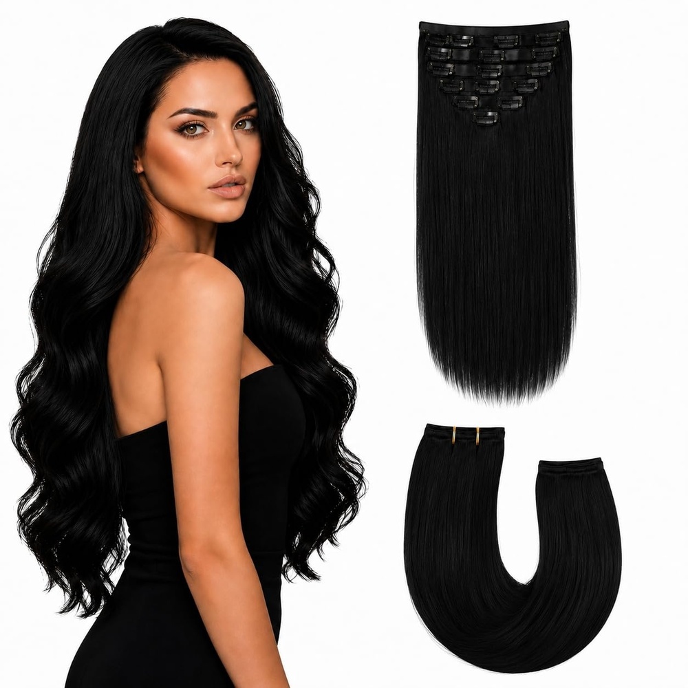 image:imageMoresoo Jet Black Clip in and Sew in Human Hair Extensions 24 Inch Bundle