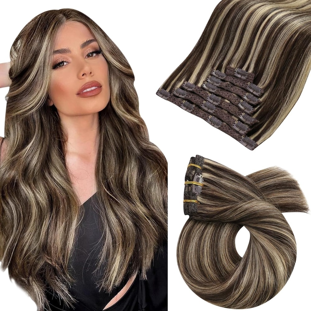 image:imageMoresoo Micro Link Hair Extensions Human Hair Dark Brown with Caramel Blonde Clip in Hair Extensions Brown Highlight 18inch