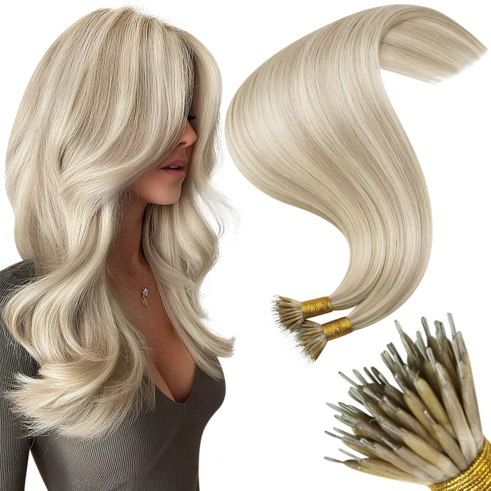 image:imageMoresoo Nano Ring Hair Extensions Human Hair Ash Blonde Highlight 22 Inch