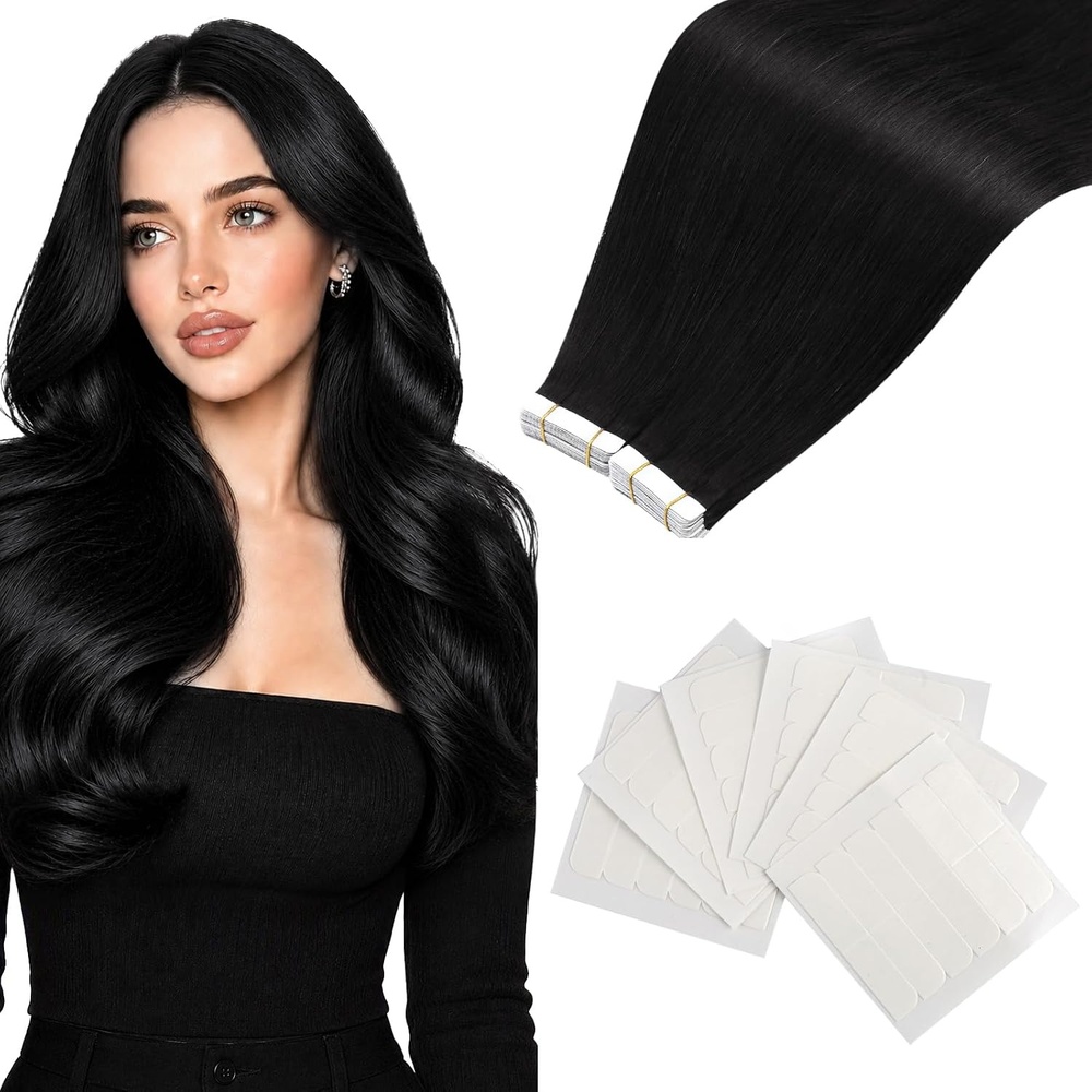 image:imageMoresoo Natural Black Tape in Human Hair Extensions 12 Inch Tabs Bundle