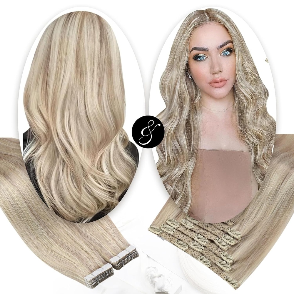 image:imageMoresoo Tape in Hair Extensions Blonde with Human Hair Clip in Extensions Blonde Highlight P18613 20pcs30g5pcs70g Bundle