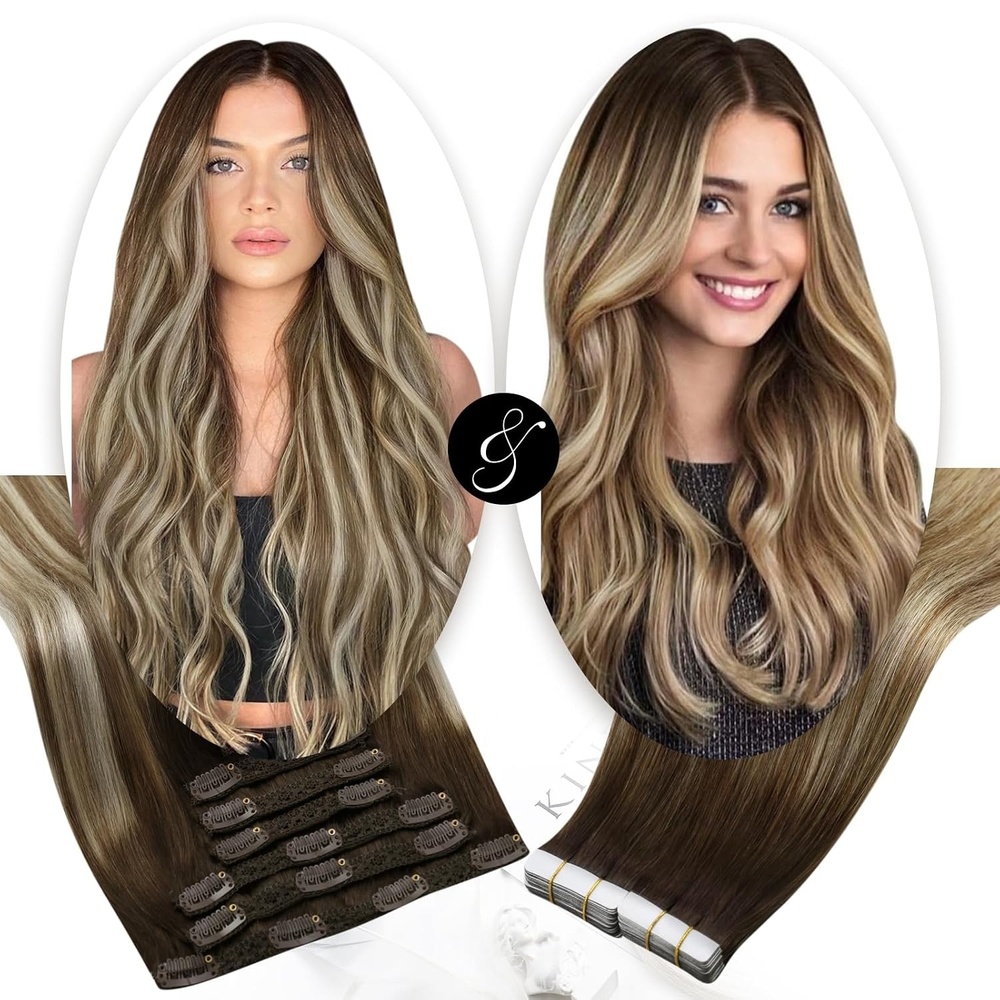 image:imageMoresoo Tape in Hair Extensions Human Hair and Clip in Hair Extensions Balayage Brown to Caramel Blonde with Blonde 20pcs50g7pcs120g 16inch Bundle