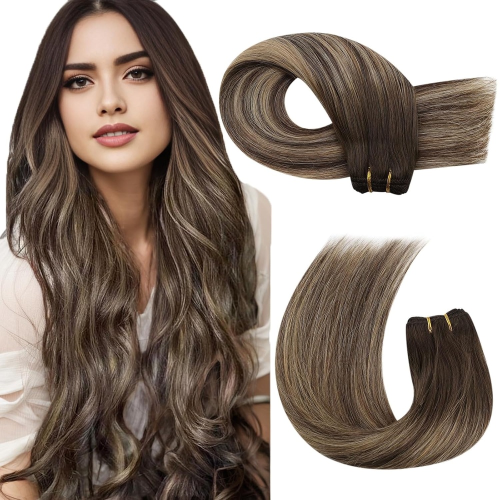 image:imageMoresoo Tape in Hair Extensions Human Hair with Sew in Hair Extensions Balayage 18inch bundle