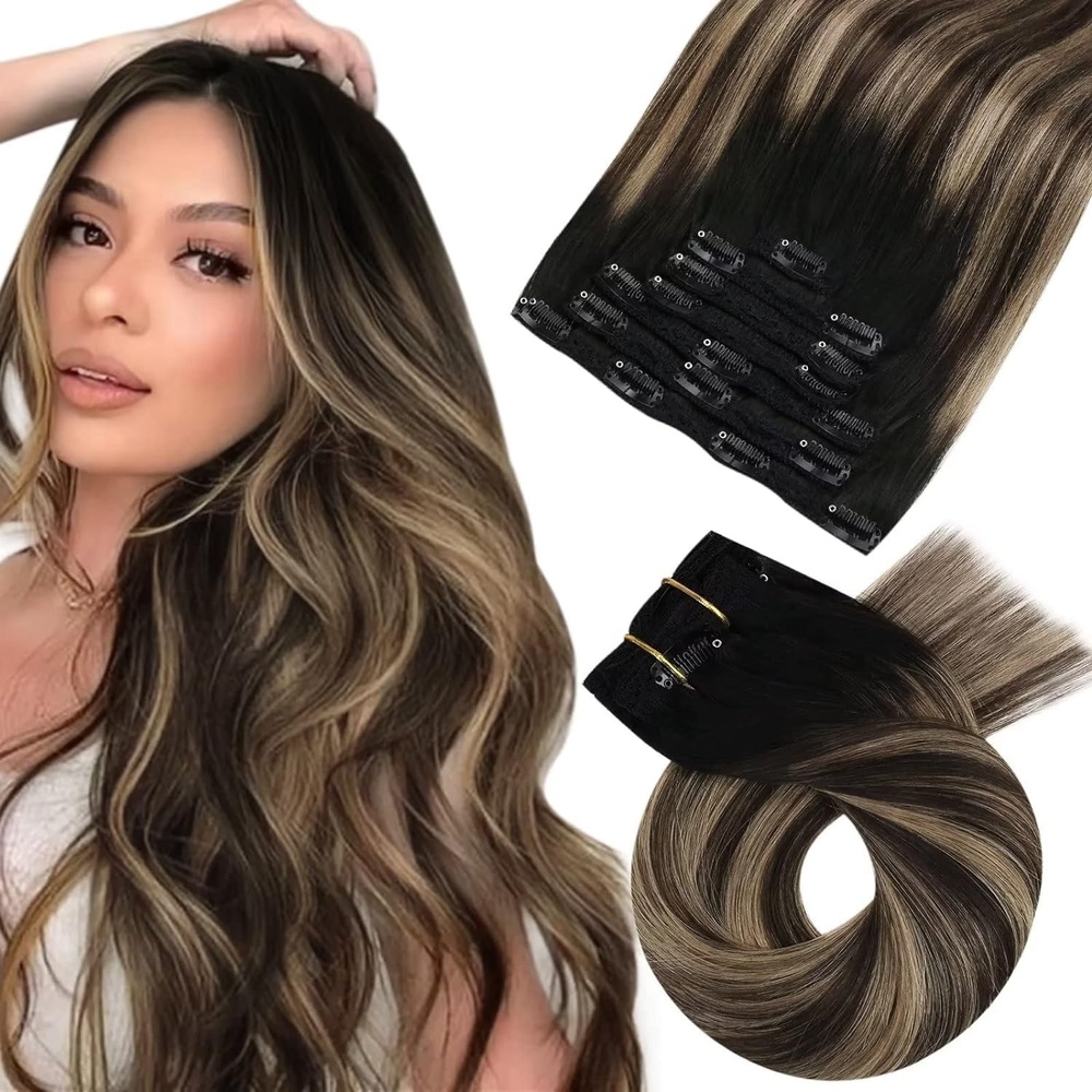 image:imageMoresoo U Tip Hair Extensions Human Hair Balayage Black to Brown with Caramel Blonde Clip in Hair Extensions Ombre Brown 16inch