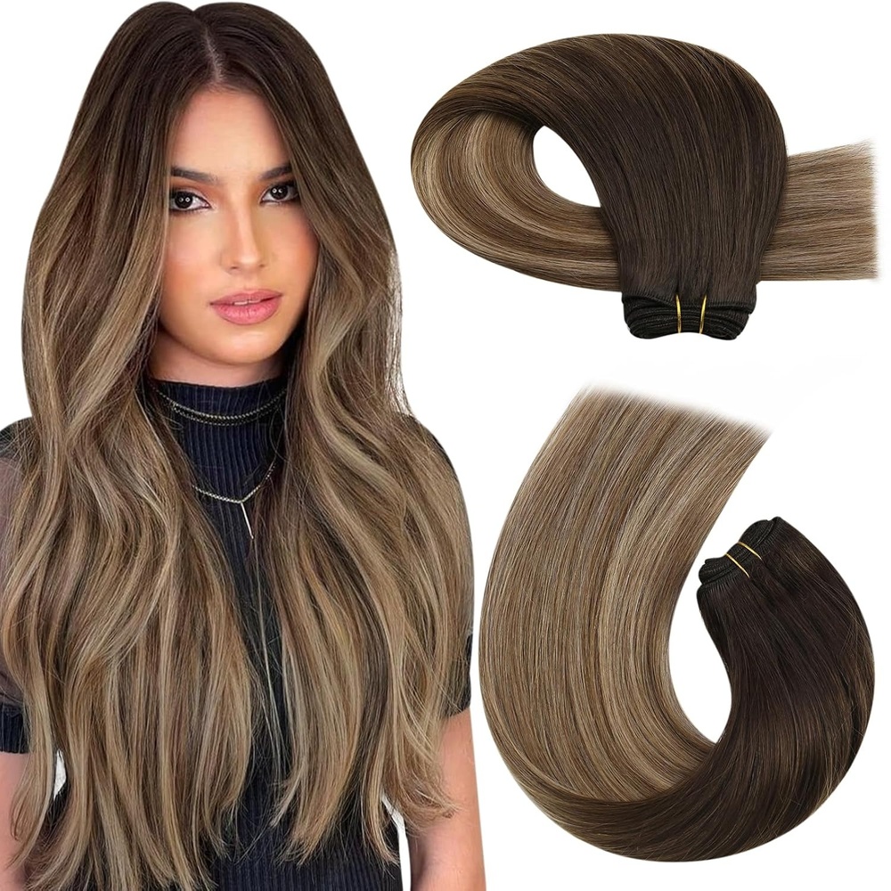image:imageMoresoo Weft Hair Extensions Human Hair Brown Balayage Sew in Hair Extensions Ombre Dark Brown to Golden Brown with Dark Golden Blonde Bundle 14Inch and 16Inch