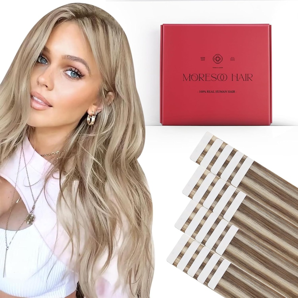 image:imageTape Bundle Total 40 Pieces Moresoo Glam Seamless Tape Extensions 18 Inch Invisible PU Tape in Hair P18613 amp P9A60 Glue on Hair Thick End PU Skin Weft