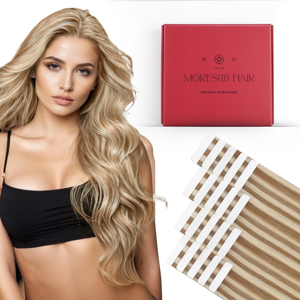 image:imageTape Bundle Total 40 Pieces Tape in Hair Extensions Highlighted 50G50G 40 Pieces Invisible Hair Extensions Silky Straight