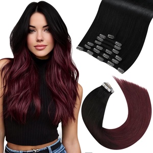Moresoo 20in Human Hair Extensions Jet Black Clip in and Wine Red Tape in
