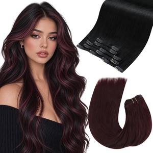 Moresoo Clip in and Sew in Human Hair Extensions Jet Black and Burgundy Red