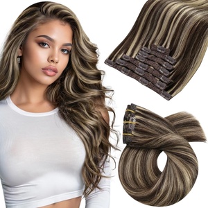 Moresoo I Tip Hair Extensions Human Hair Brown Highlight Clip in Hair Extensions Dark Brown with Caramel Blonde 20inch