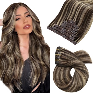 Moresoo Micro Link Hair Extensions Human Hair Dark Brown with Caramel Blonde Clip in Hair Extensions Brown Highlight 18inch