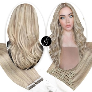 Moresoo Tape in Hair Extensions Blonde with Human Hair Clip in Extensions Blonde Highlight #P18/613 (20pcs/30g+5pcs/70g) Bundle