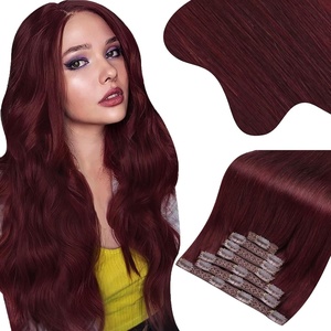Moresoo Tape in Hair Extensions Human Hair Burgundy Real Hair Extensions Clip in Human Hair Red Wine #99J 2packs 20inch