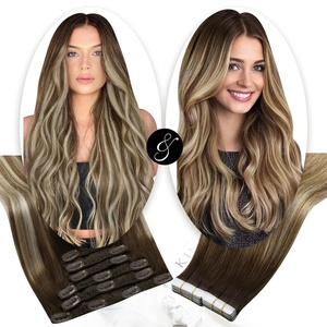 Moresoo Tape in Hair Extensions Human Hair and Clip in Hair Extensions Balayage Brown to Caramel Blonde with Blonde (20pcs/50g+7pcs/120g) 16inch Bundle