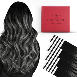 Tape Bundle Total 40 Pieces – Moresoo Tape in Extensions 14 Inch Tape in Human Hair Extensions #1B & #1B/Silver/1B Invisible Skin Weft Double Sided Tapes