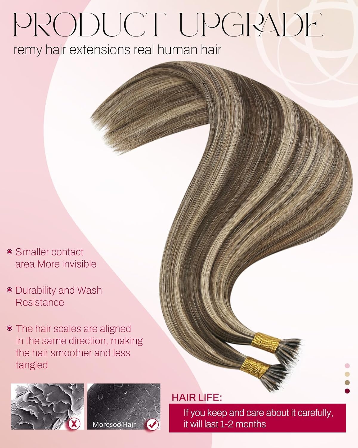image:imageMoresoo Nano Tip Hair Extensions Human Hair Caramel Blonde 16 Inch