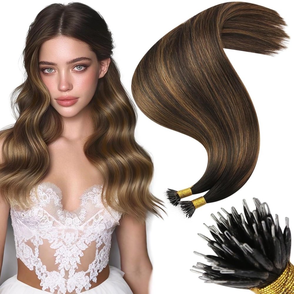 image:imageMoresoo Nano Hair Extensions Human Hair Brown Chestnut Balayage 14 Inch
