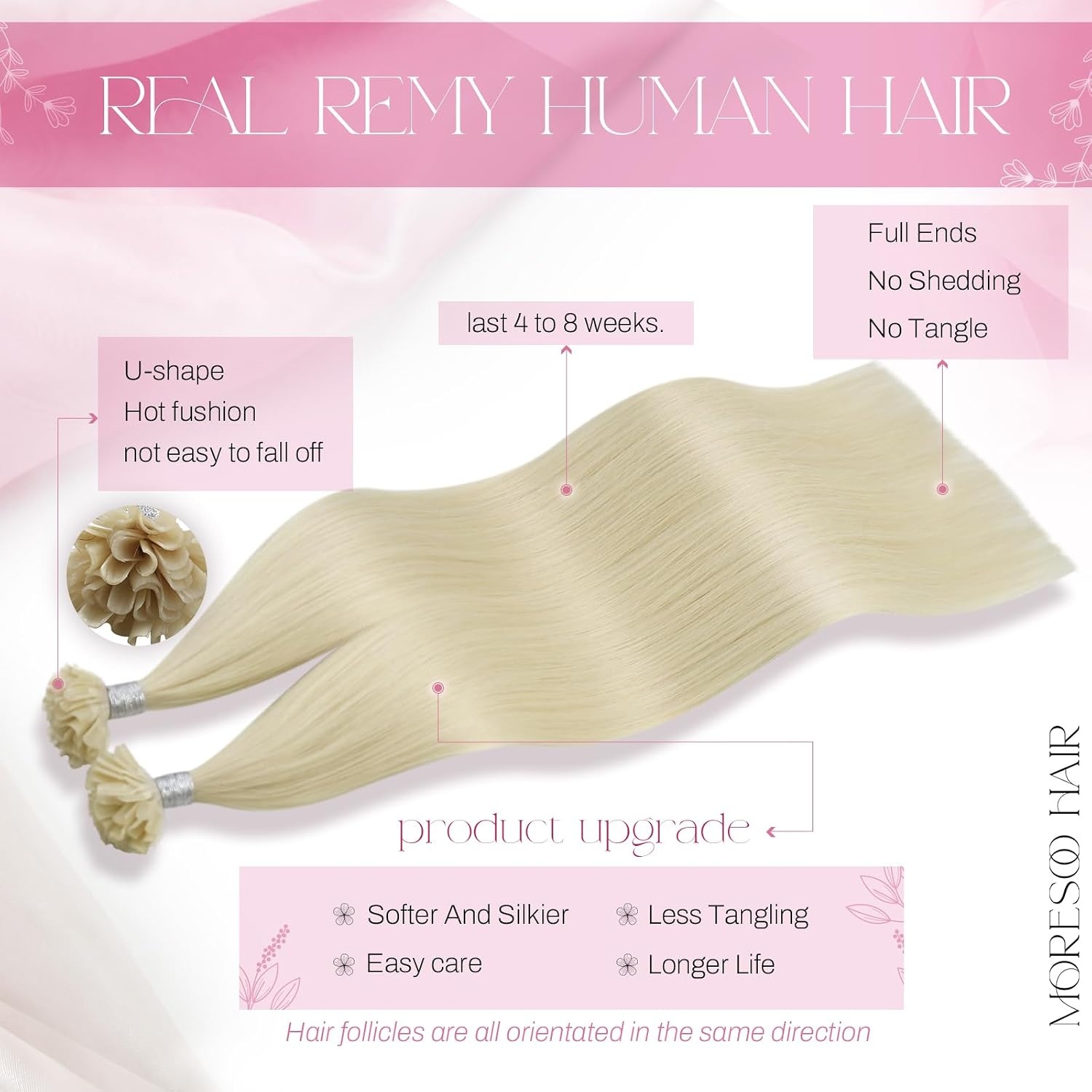 image:imageMoresoo 18in Human Hair Extensions Jet Black Clip in and Blonde U Tip